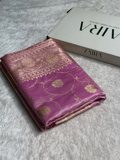 Lavender Banarasi Jaal Satin Katan Silk Saree SK06