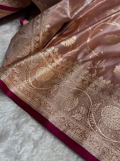 Rose Gold Banarasi Jaal Satin Katan Silk Saree SK06