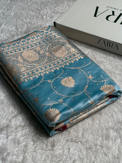 Sky Blue Banarasi Jaal Satin Katan Silk Saree SK06