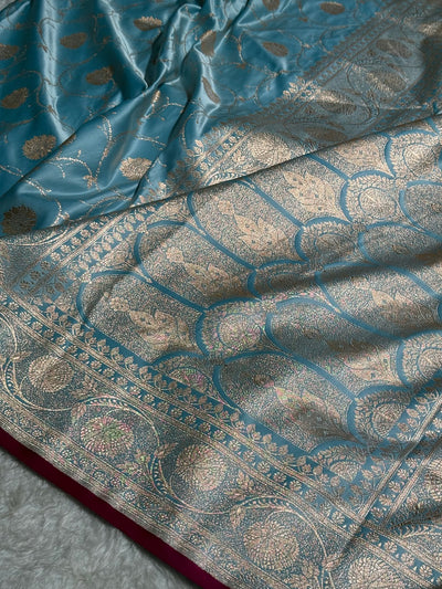 Sky Blue Banarasi Jaal Satin Katan Silk Saree SK06