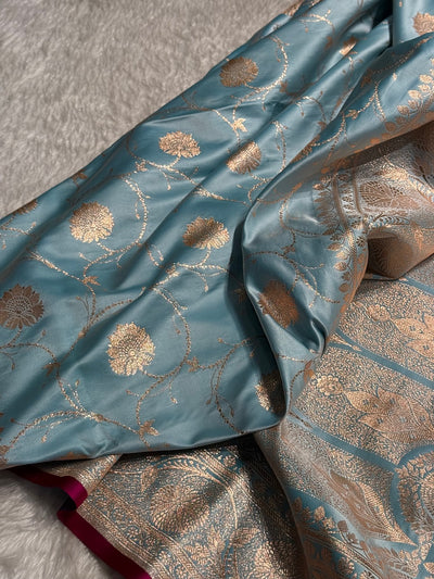 Sky Blue Banarasi Jaal Satin Katan Silk Saree SK06