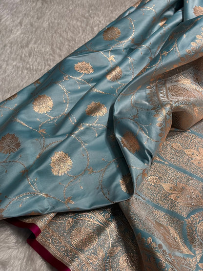 Sky Blue Banarasi Jaal Satin Katan Silk Saree SK06
