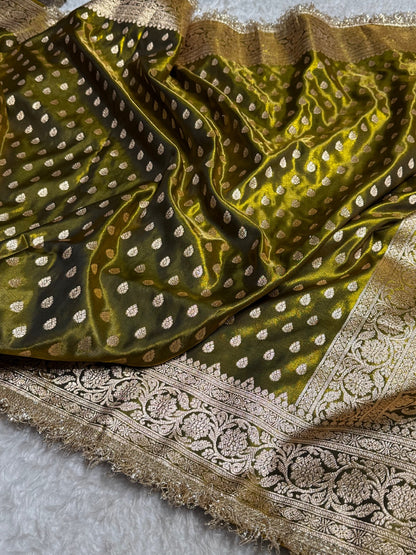 Mehandi Shades Satin Silk Banarasi Saree with Gota Patti SSGP01