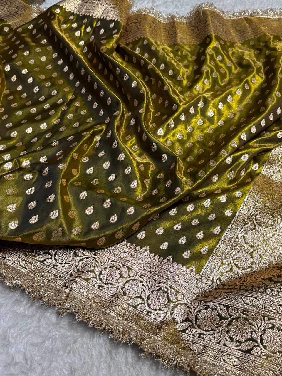 Mehandi Shades Satin Silk Banarasi Saree with Gota Patti SSGP01