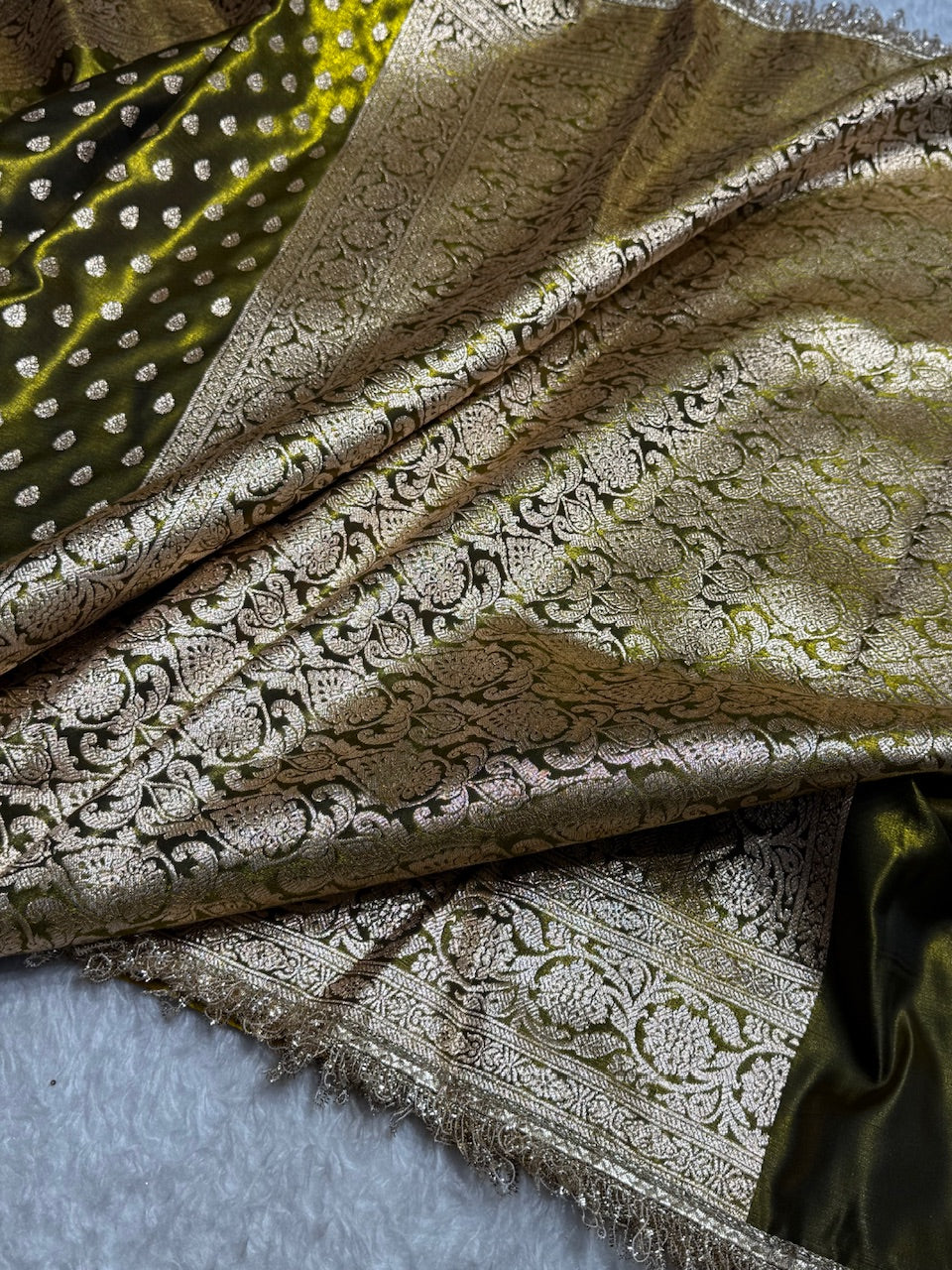 Mehandi Shades Satin Silk Banarasi Saree with Gota Patti SSGP01