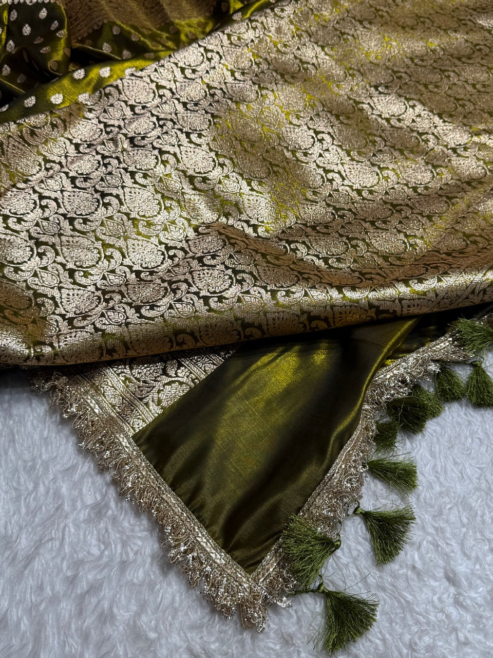 Mehandi Shades Satin Silk Banarasi Saree with Gota Patti SSGP01