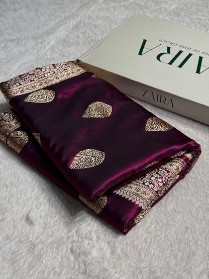 Wine Shades Banarsi Satin Silk Boota with Stone Work