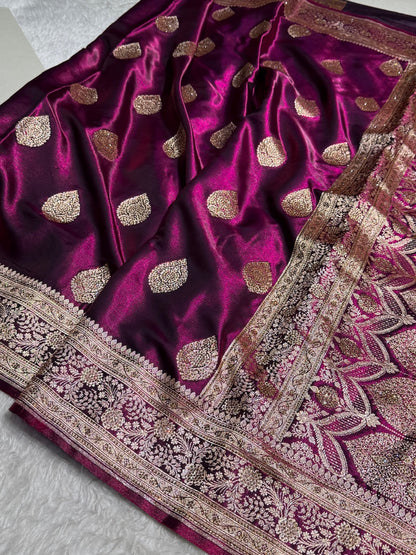 Wine Shades Banarsi Satin Silk Boota with Stone Work