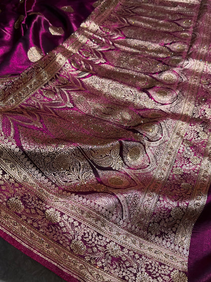 Wine Shades Banarsi Satin Silk Boota with Stone Work