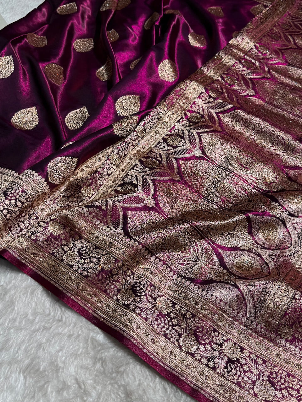 Wine Shades Banarsi Satin Silk Boota with Stone Work