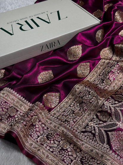 Wine Shades Banarsi Satin Silk Boota with Stone Work