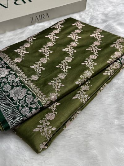 Mehandi Mashru Silk Saree Cross Pattern MCS18