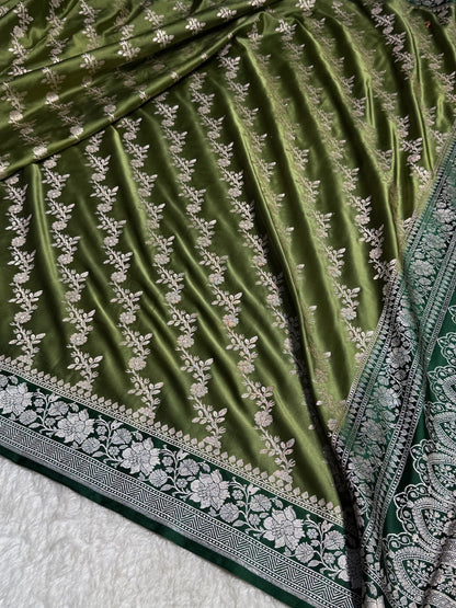 Mehandi Mashru Silk Saree Cross Pattern
