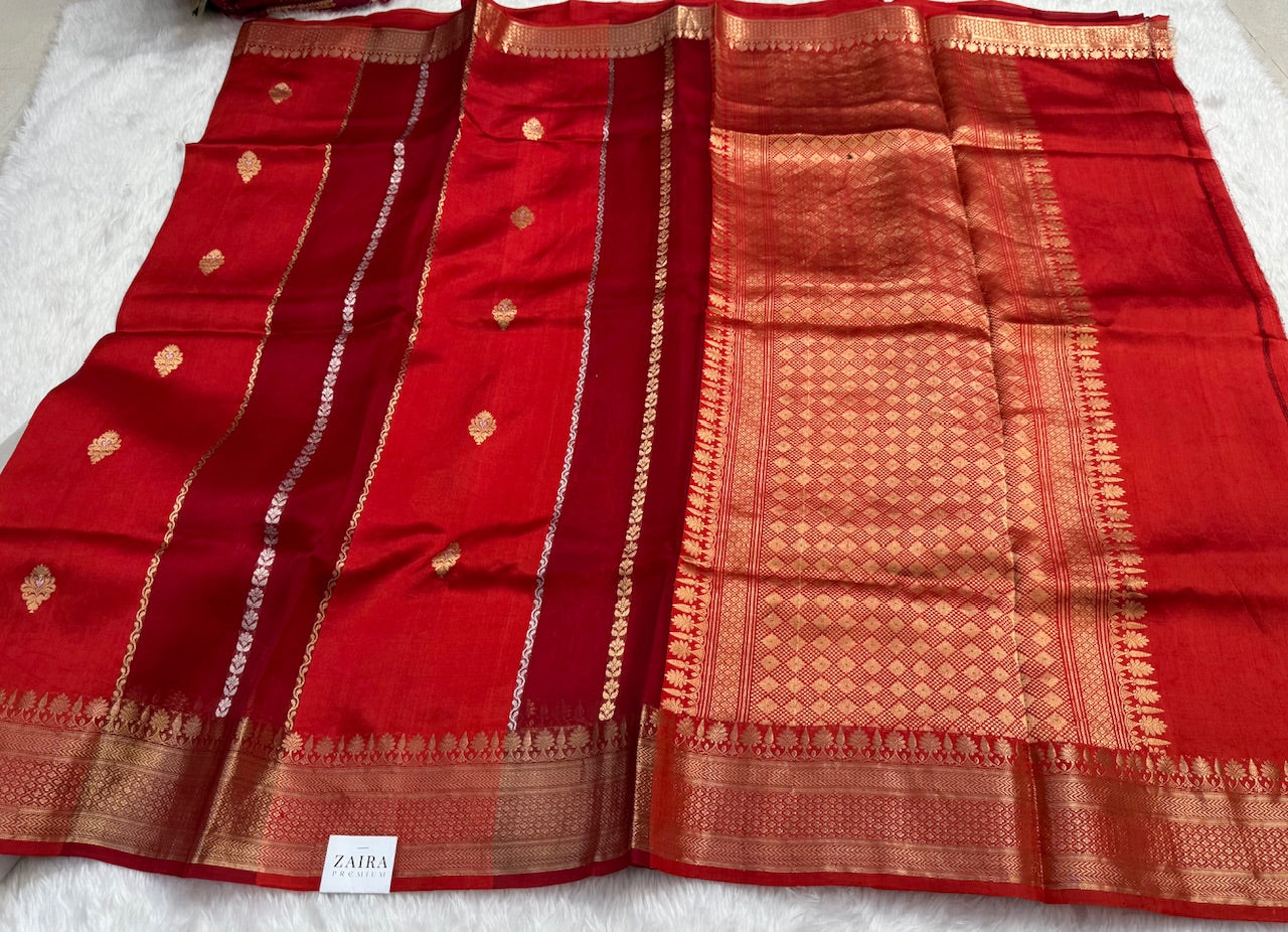 Red and Maroon Rangkat Handwoven Paper Mango Silk