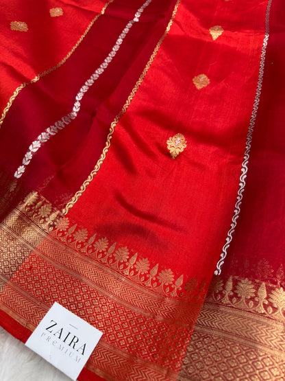 Red and Maroon Rangkat Handwoven Paper Mango Silk