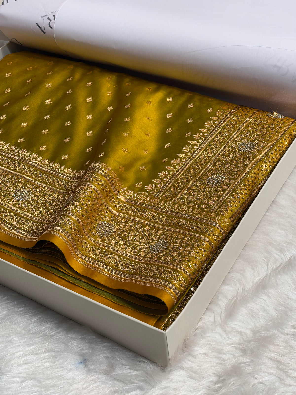 Banarasi Satin Katan Saree With Swarovski Work in Mahendi Shades BSK88