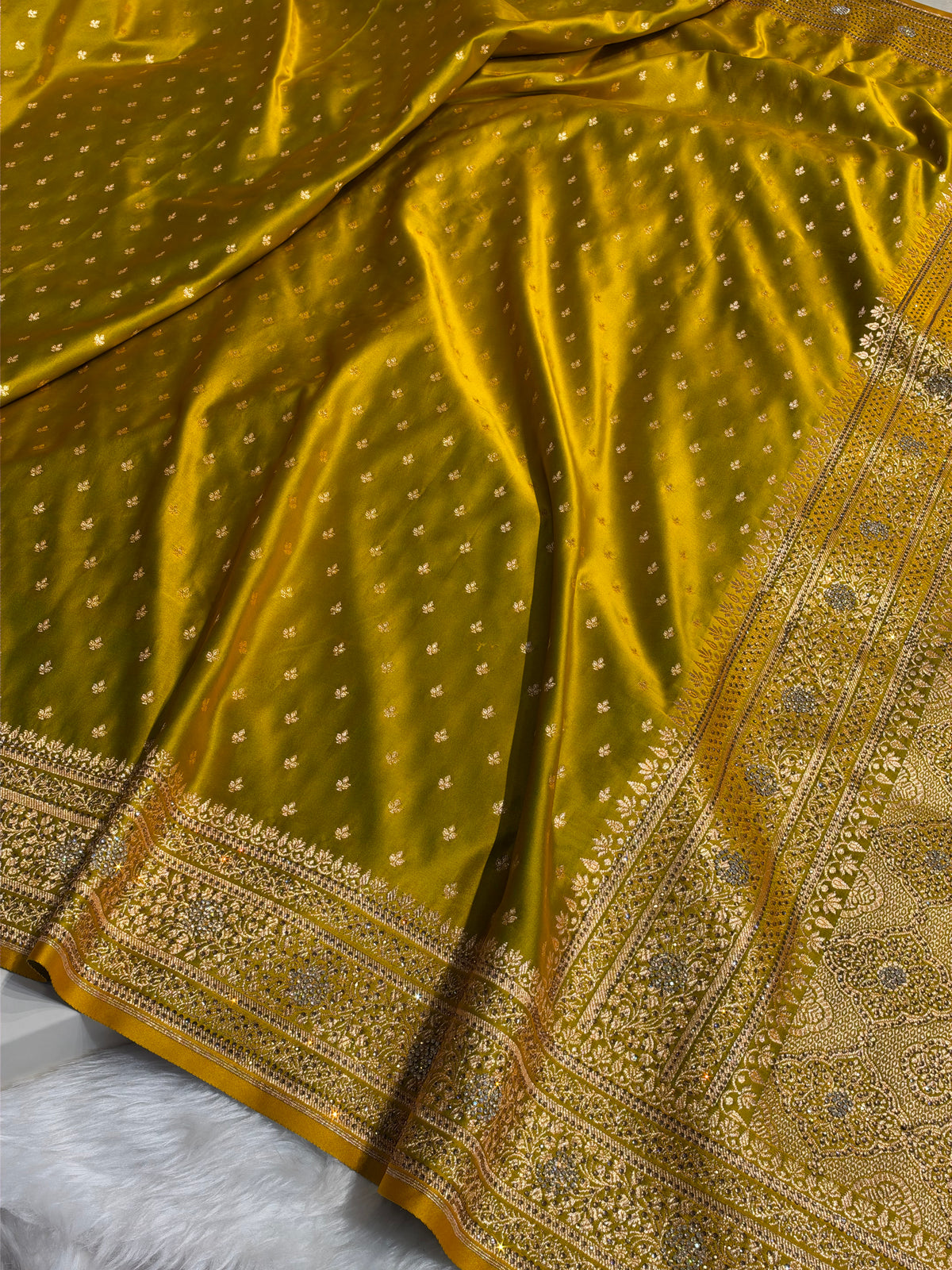 Banarasi Satin Katan Saree With Swarovski Work in Mahendi Shades BSK88