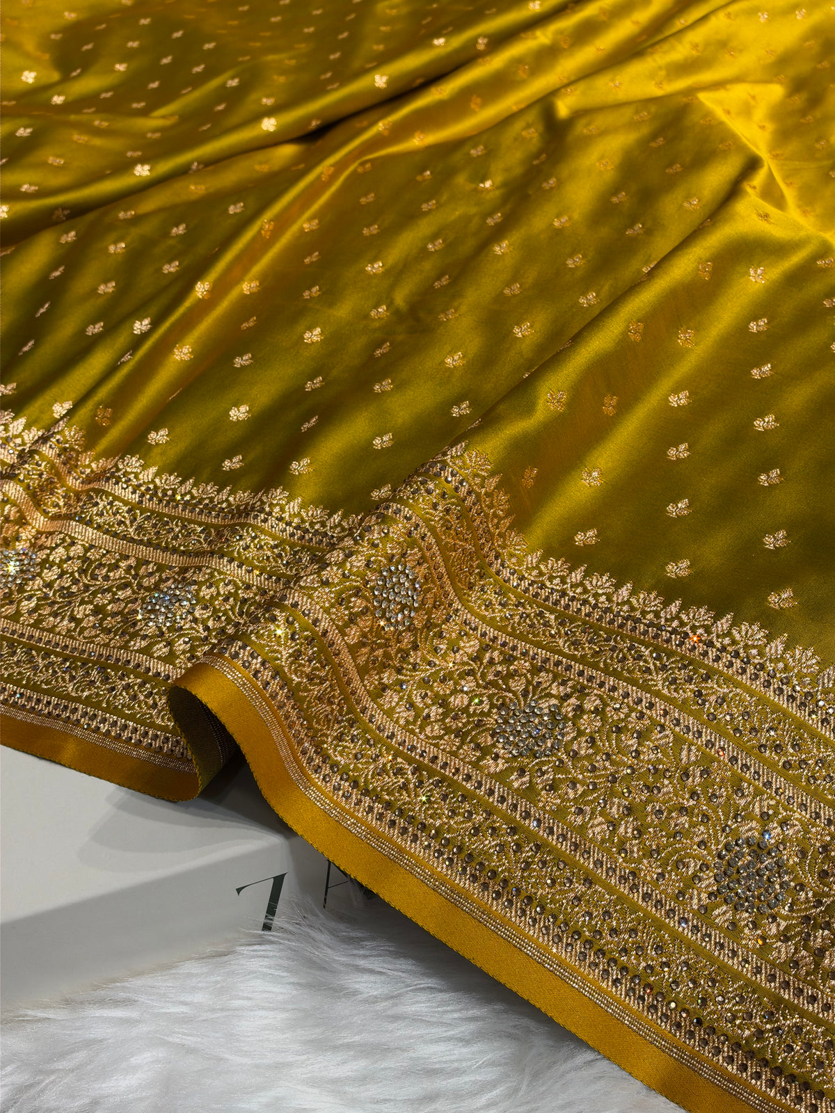 Banarasi Satin Katan Saree With Swarovski Work in Mahendi Shades BSK88