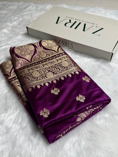 Purple Floral Boota Satin Katan Silk saree SK32