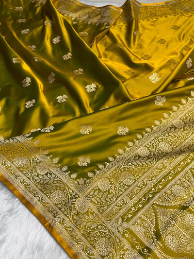Neon Gold Floral Boota Satin Katan Silk saree SK32