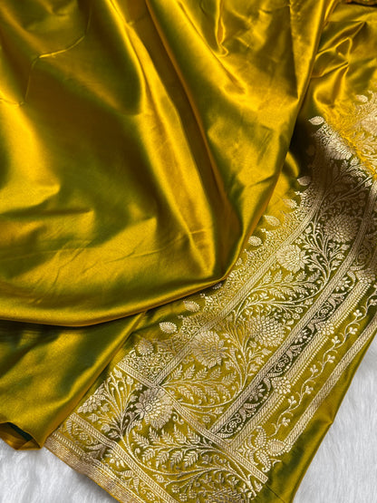 Neon Gold Floral Boota Satin Katan Silk saree SK32