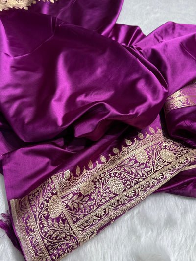 Purple Floral Boota Satin Katan Silk saree SK32