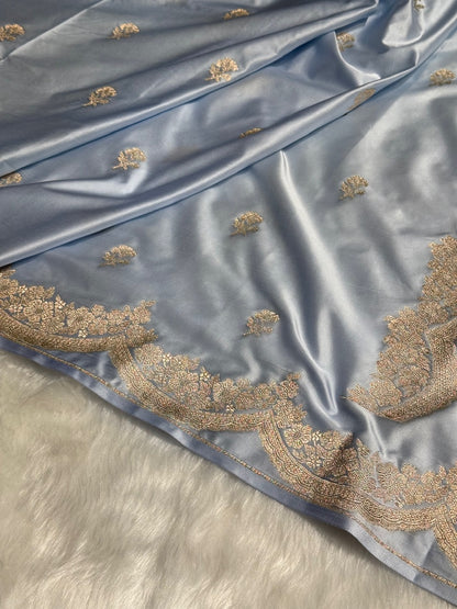 Scallop Powder Blue Booti Mashru Silk Saree