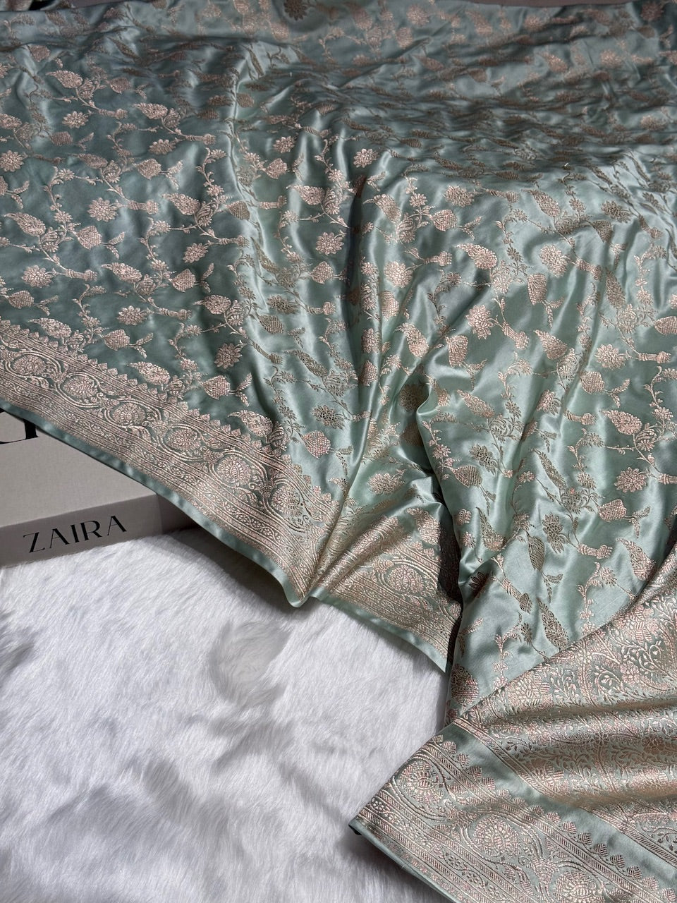 Pestal Mint Shades Jaal Mashru Silk Saree