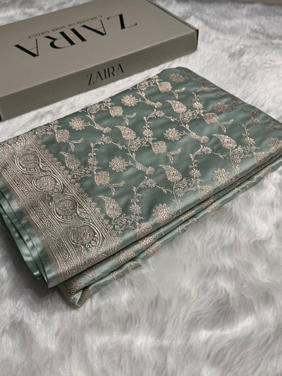 Pestal Mint Shades Jaal Mashru Silk Saree MCS42