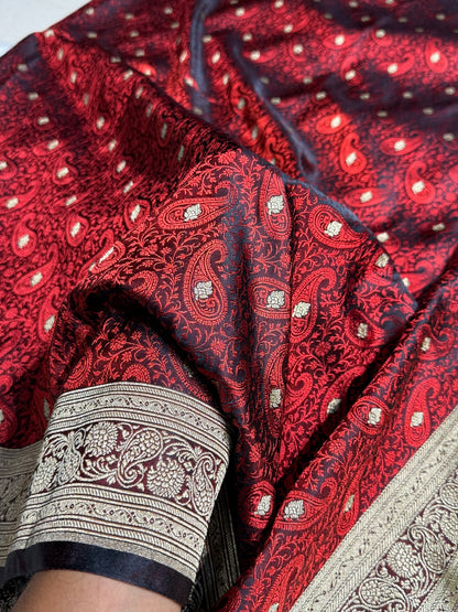 Dark Chocolate Tanchoi Booti Katan Silk Saree SKTM-06