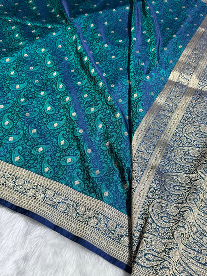 Peacock Blue Tanchoi Booti Katan Silk Saree SKTM-06