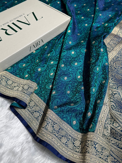 Peacock Blue Tanchoi Booti Katan Silk Saree SKTM-06