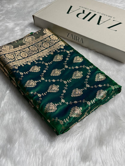 Cross Bottle Green Floral Jaal Pattern Satin Katan Silk saree SK42