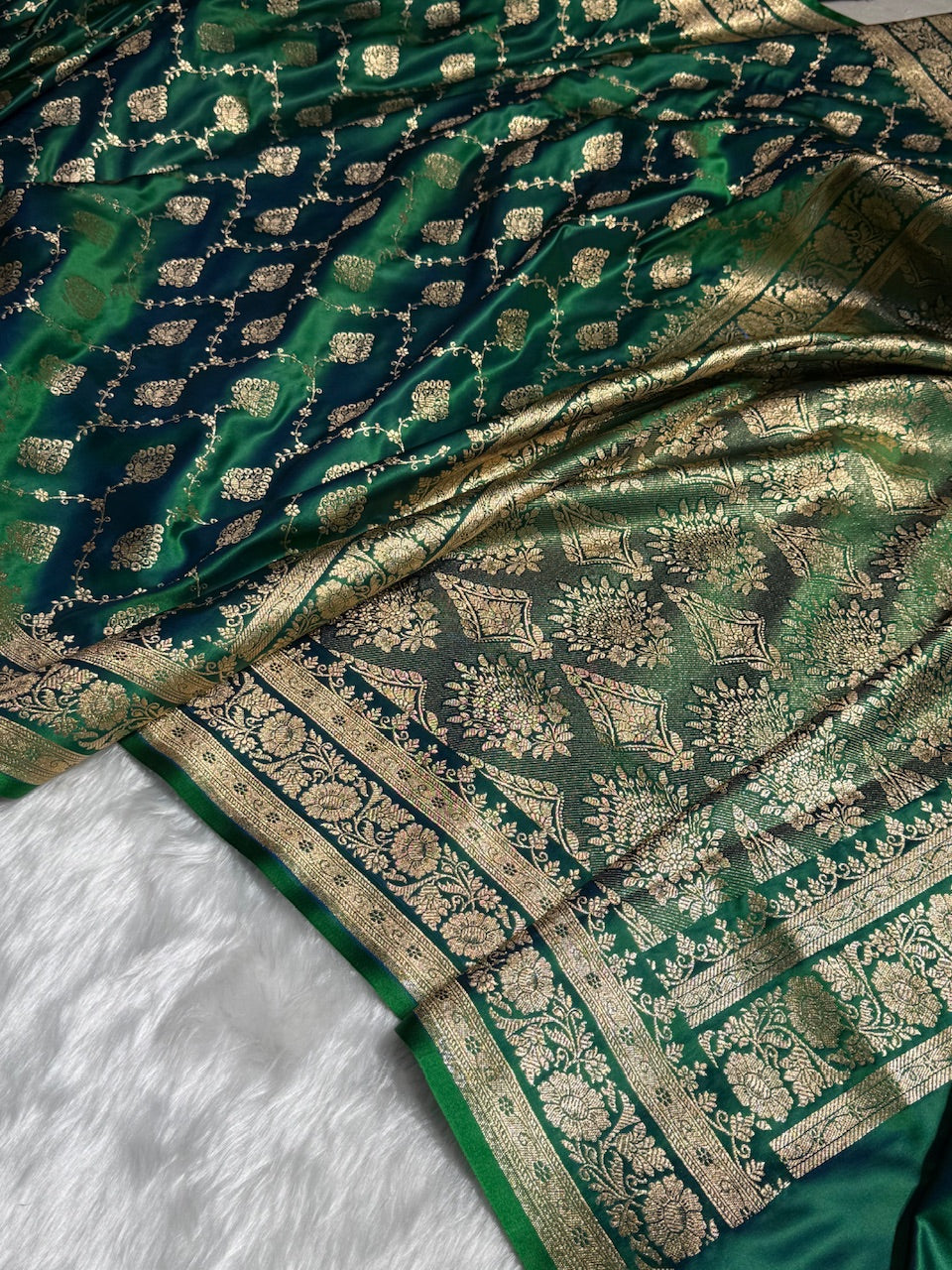 Cross Bottle Green Floral Jaal Pattern Satin Katan Silk saree SK42