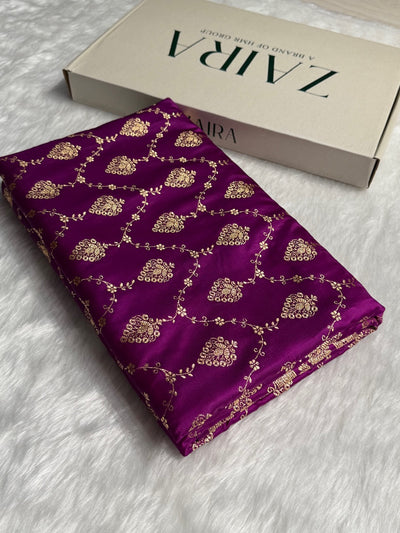 Purple Magenta Floral Jaal Pattern Satin Katan Silk saree SK42