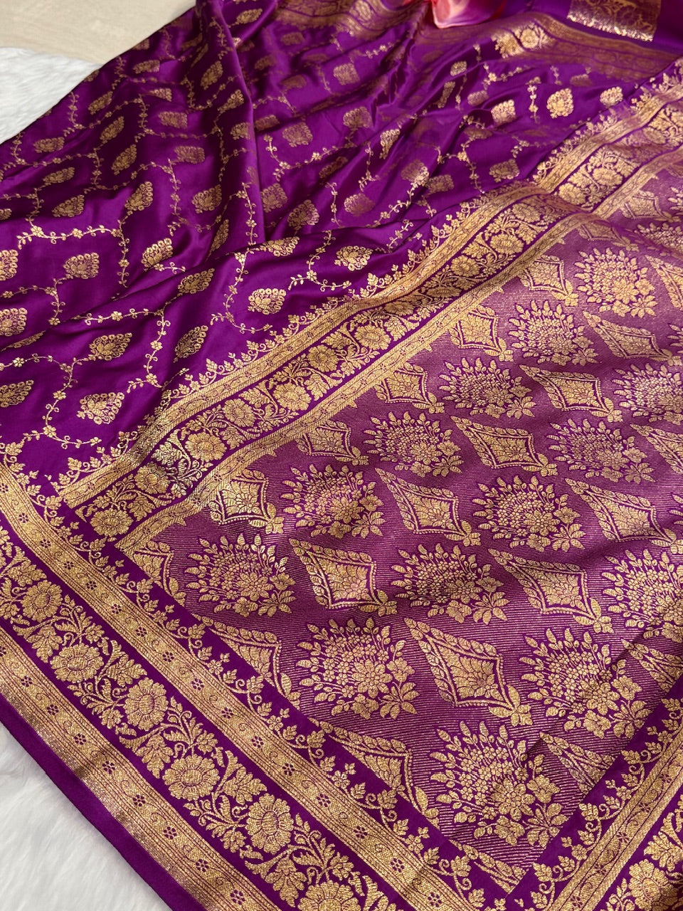 Purple Floral Jaal Pattern Satin Katan Silk saree SK42