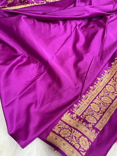 Purple Magenta Floral Jaal Pattern Satin Katan Silk saree SK42