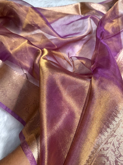 Goldish Purple Shade Pure Tissue Silk Saree with Brocade Blouse PT-18