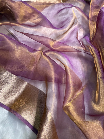 Goldish Purple Shade Pure Tissue Silk Saree with Brocade Blouse PT-18