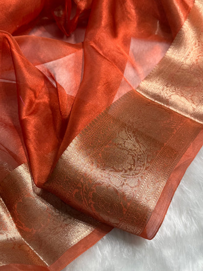 Rust Orange Pure Tissue Silk Saree with brocade Blouse PT-2