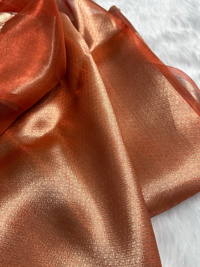 Rust Orange Pure Tissue Silk Saree with brocade Blouse PT-02