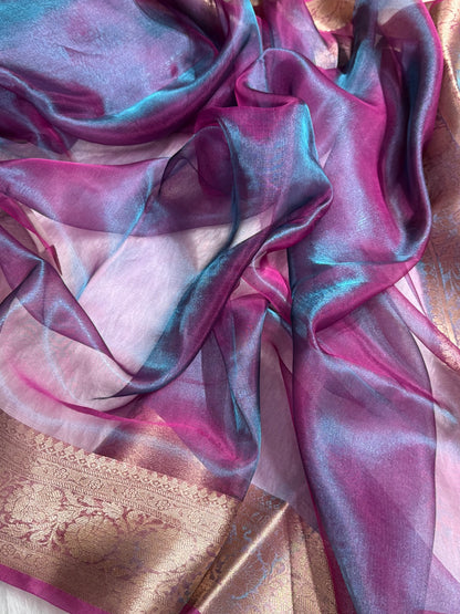 Cross Magenta Shade Pure Tissue Silk Saree with Brocade Blouse PT-18