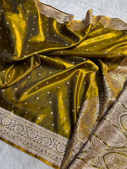 Satin Silk Dot Booti in Mehandi Shades with Swarovski work BSS08