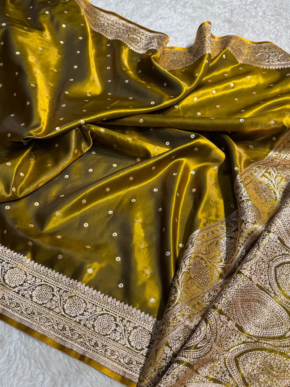 Satin Silk Dot Booti in Mehandi Shades with Swarovski work BSS08
