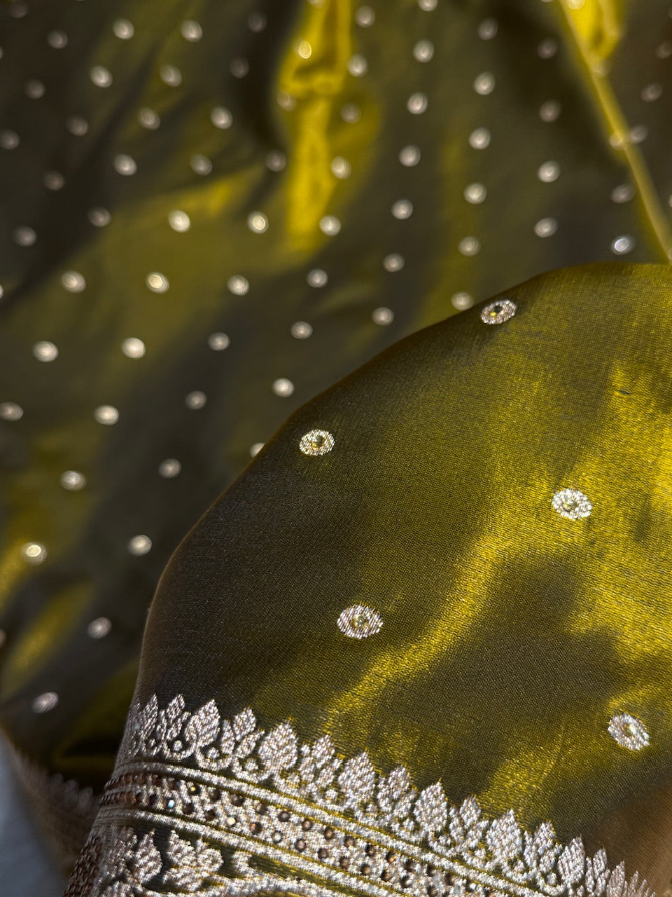 Satin Silk Dot Booti in Mehandi Shades with Swarovski work BSS08