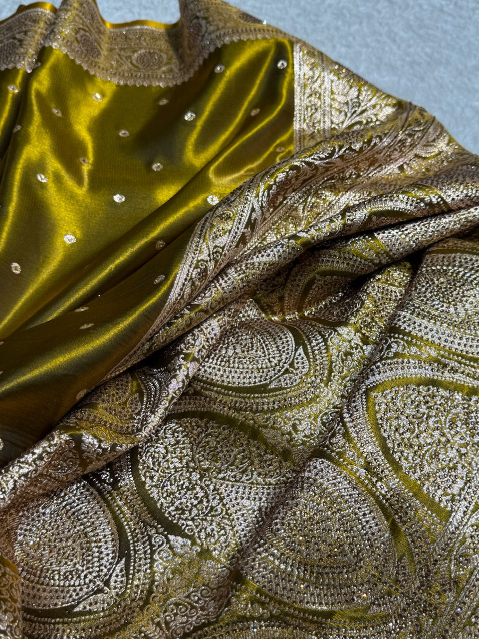 Satin Silk Dot Booti in Mehandi Shades with Swarovski work BSS08