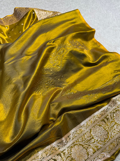Satin Silk Dot Booti in Mehandi Shades with Swarovski work BSS08