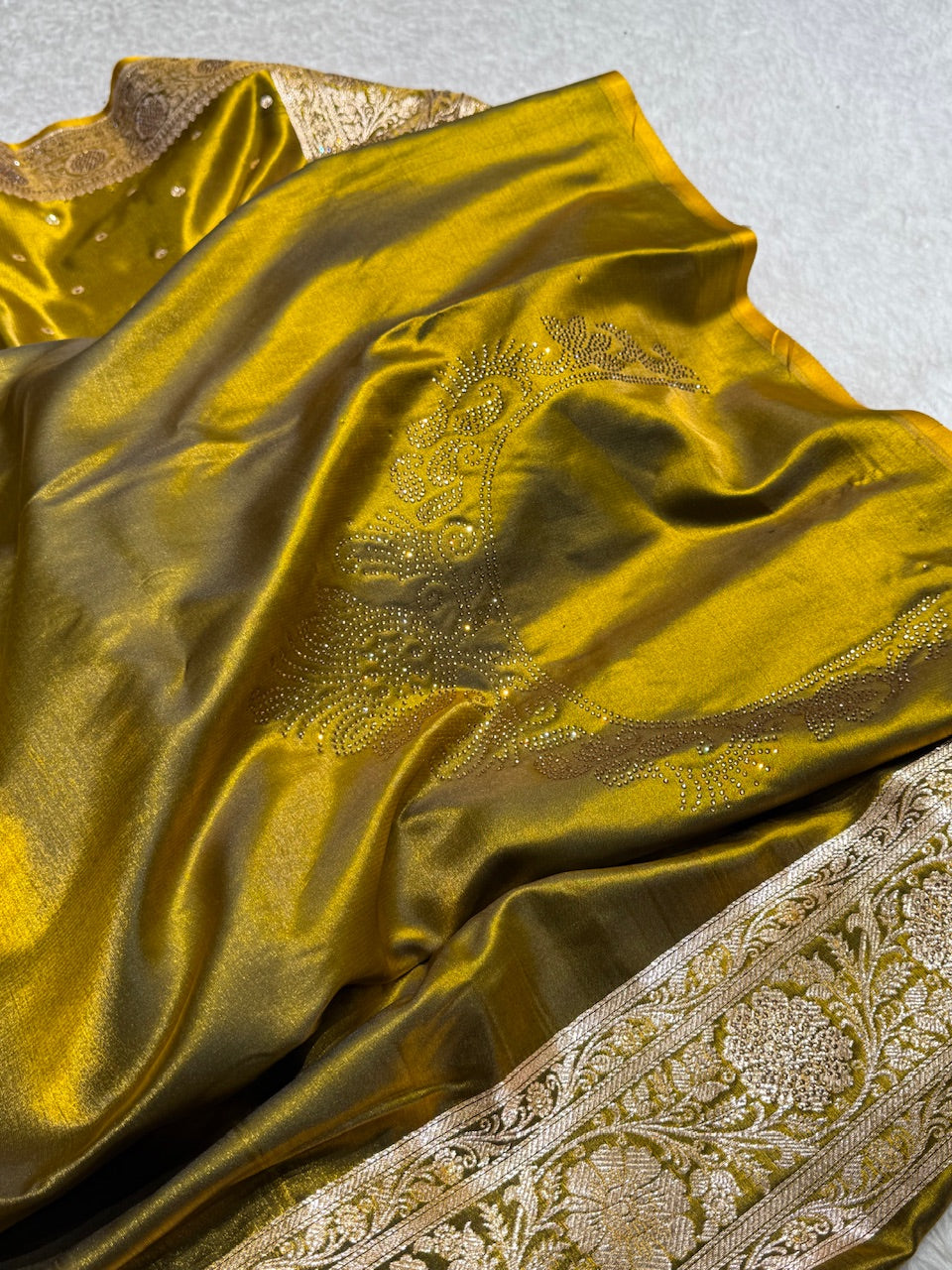 Satin Silk Dot Booti in Mehandi Shades with Swarovski work BSS08