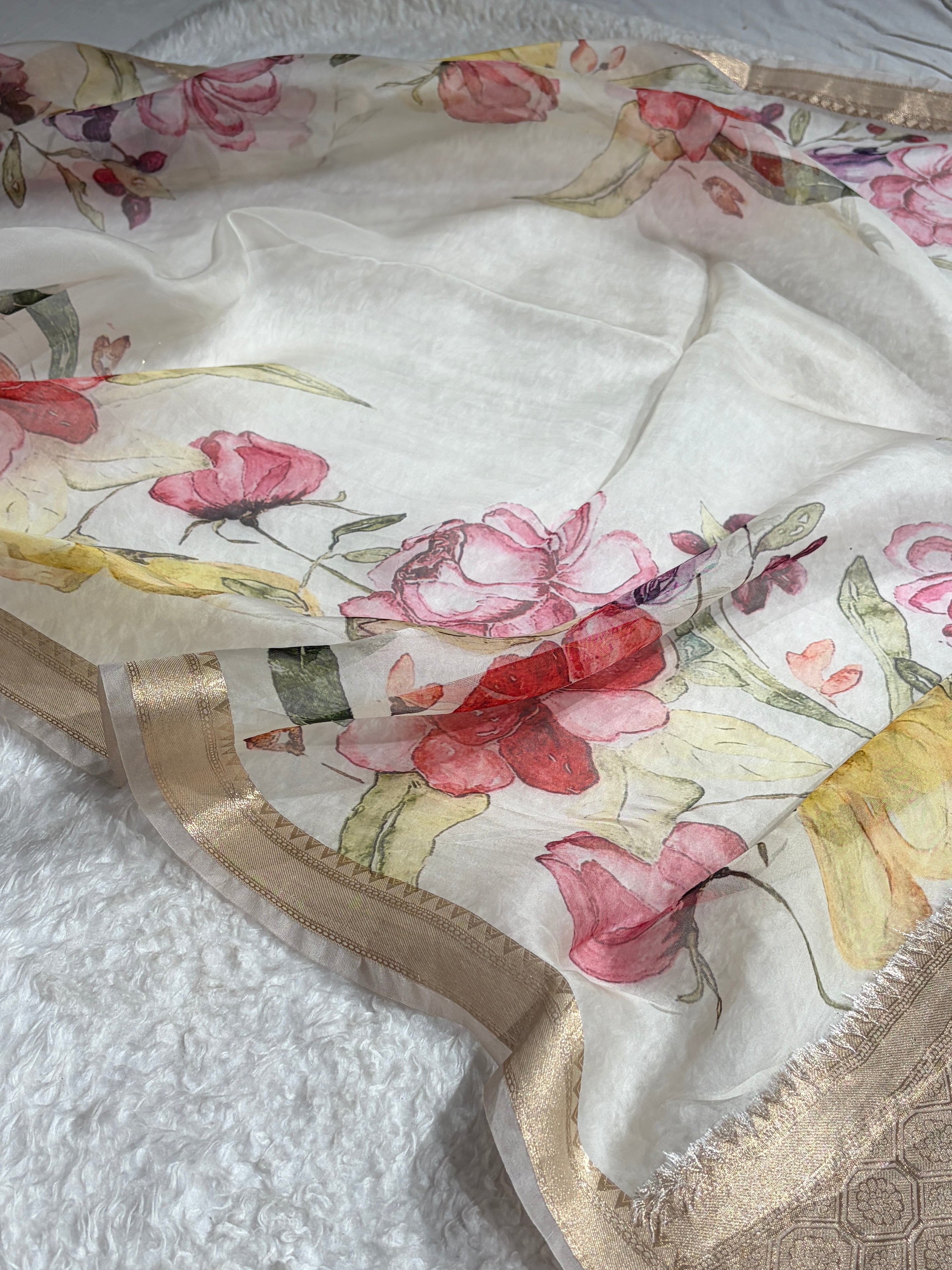 Elegant Ivory Organza with Pastel Multicolor Florals & Gold Zari Border POP01