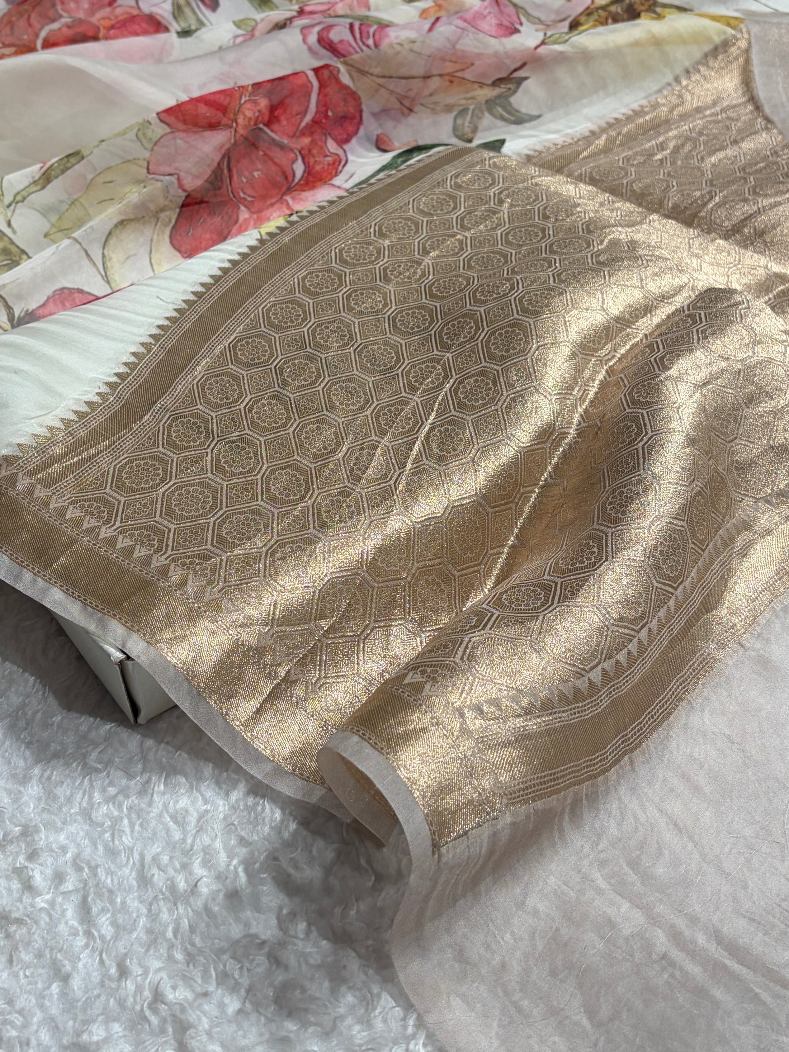 Elegant Ivory Organza with Pastel Multicolor Florals & Gold Zari Border POP01